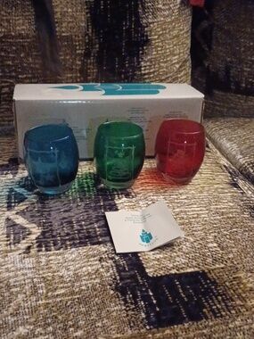 4/$80 New PartyLite Etched Glass Holiday Tealight Trio - Blue, Green & Red